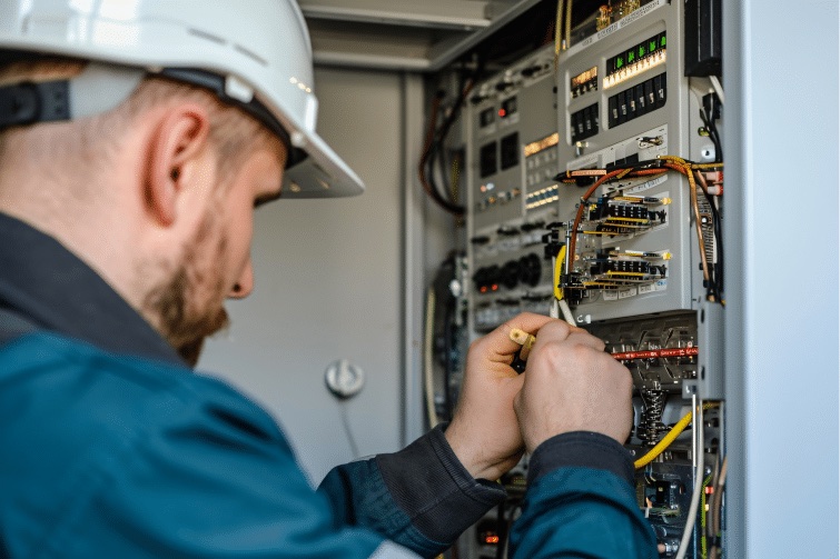Elektrofachkraft bei der Prüfung am Schaltschrank